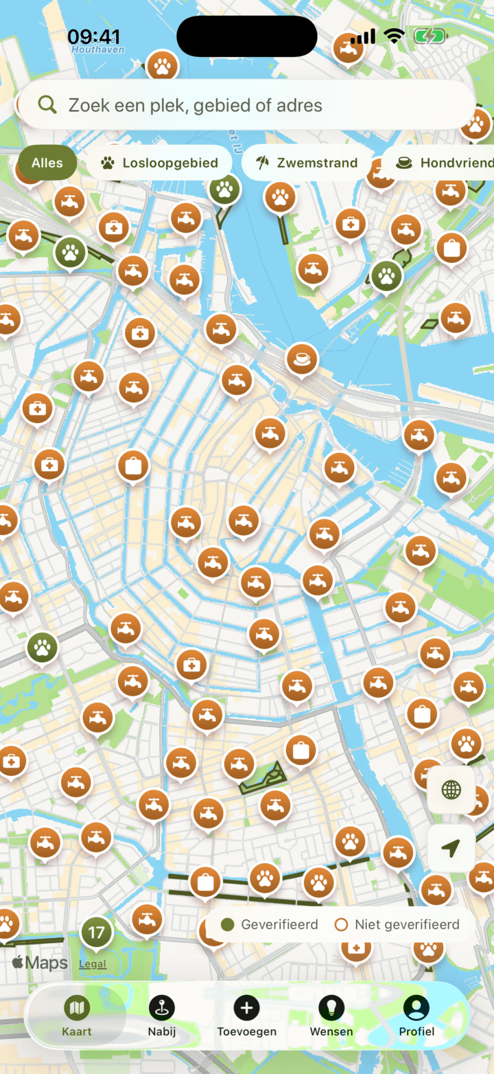 De Vrije Hond app met de kaart van hondenplekken